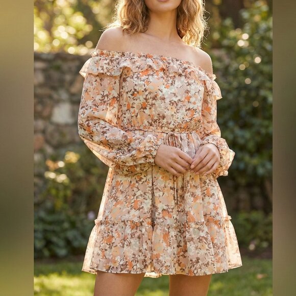 NWT Petal & Pup | Off The Shoulder Beige Floral Boho Mini Dress | Size 6 - Picture 1 of 13